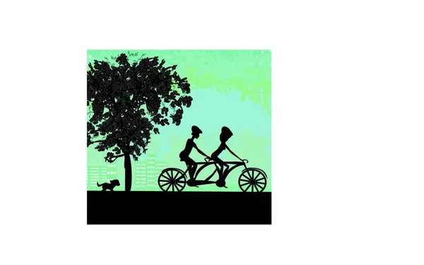 Vektorillustration Eines Mannes Und Einer Frau Mit Einem Fahrrad — Stockvektor