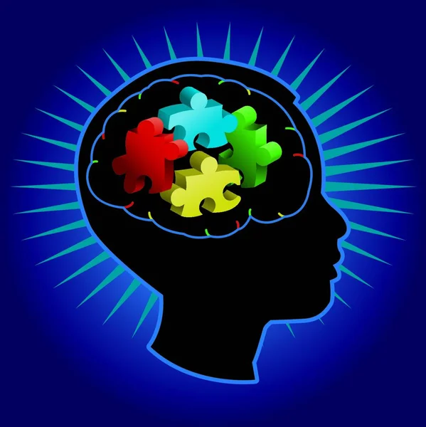 Black silhouette of profiled child with symbolic autism puzzle pieces — Stock Illustration Black Silhouette Profiled Child Symbolic Autism Puzzle Pieces Royalty Free Stock Illustrations
