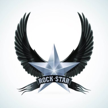 Silver star with Rock Star banner and black wings. Illustration on white background clipart