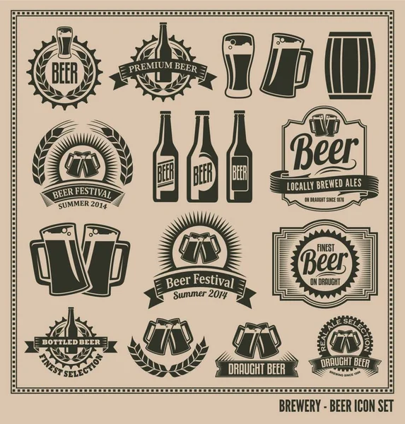 Conjunto Ícones Cerveja Rótulos Cartazes Sinais Banners Símbolos Design Vetorial —  Vetores de Stock