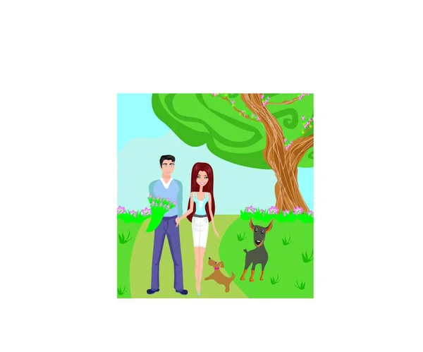 Couple Walk Dogs — Stock Vector