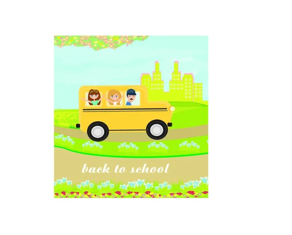 Illustratie Van Een Schoolbus Weg Naar School Met Gelukkige Kinderen — Stockvector