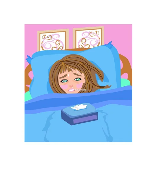 Gadis Sakit Berbaring Tempat Tidur - Stok Vektor