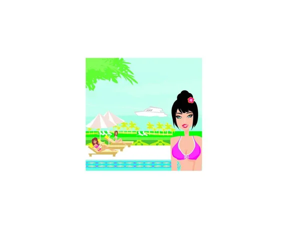 Dívky Tropický Bazén — Stockový vektor