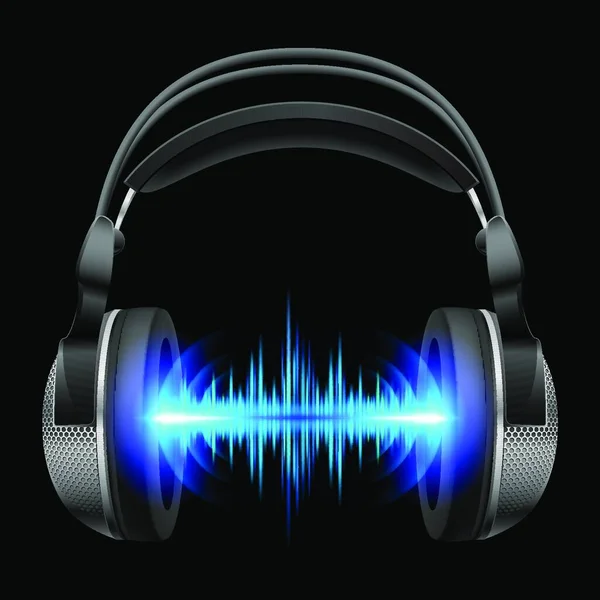 Fülhallgató Kék Hanghullámokkal Illusztráció Fekete Háttér — Stock Vector