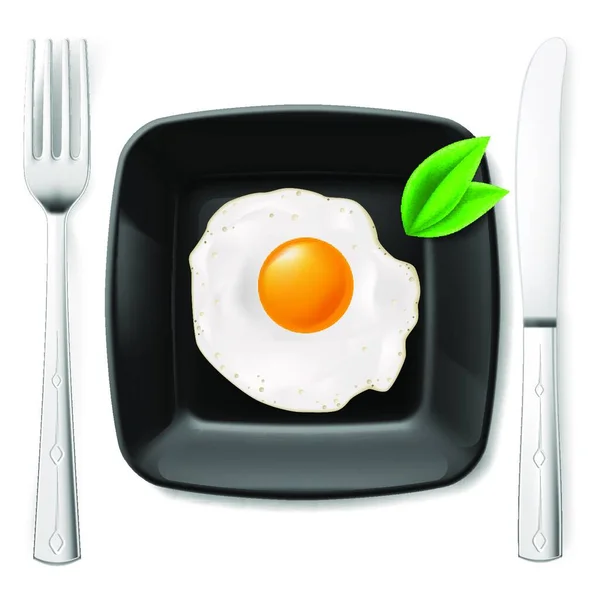 Σερβίρεται Πρωινό Τηγανητό Αυγό Μαύρο Πιάτο Σερβίρεται Πιρούνι Και Μαχαίρι — Διανυσματικό Αρχείο