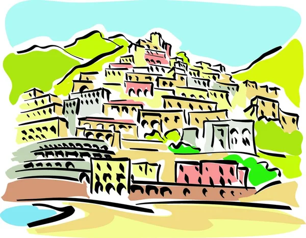 Illustration Panoramautsikt Över Den Berömda Turistorten Positano Italien — Stock vektor