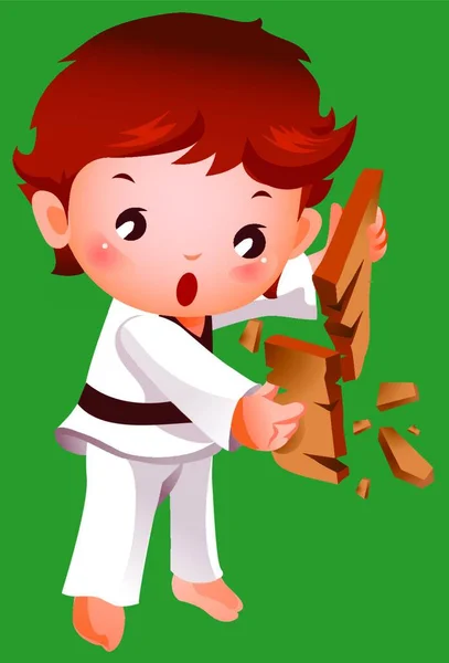 Chico Rompiendo Una Tabla Usando Karate — Vector de stock