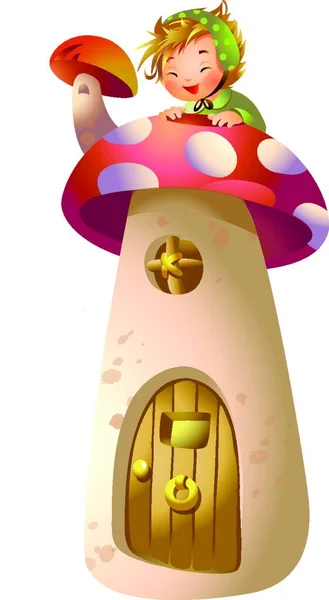 Boy Top Mushroom House — Stock Vector