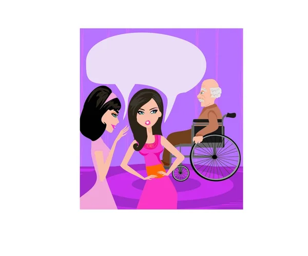 女孩子们在谈论坐在轮椅上的老人 — 图库矢量图片