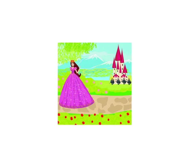 Hermosa Princesa Caballeros Vigilan Entrada Castillo — Archivo Imágenes Vectoriales