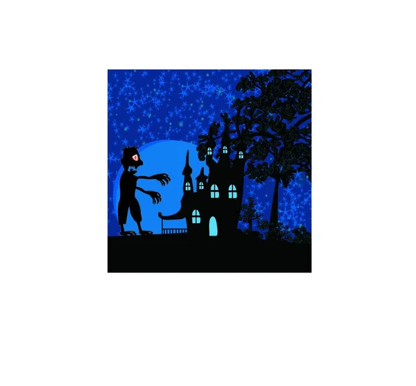 Halloween Kártya Egy Ember Sziluettjével Kék Öltönyben Holddal Kereszttel — Stock Vector