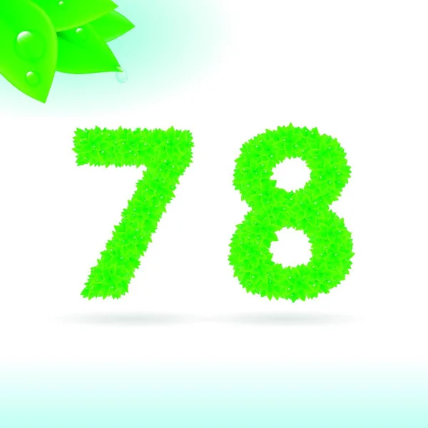 Sans Serif Lettertype Met Groene Bladdecoratie Witte Achtergrond Cijfers — Stockvector