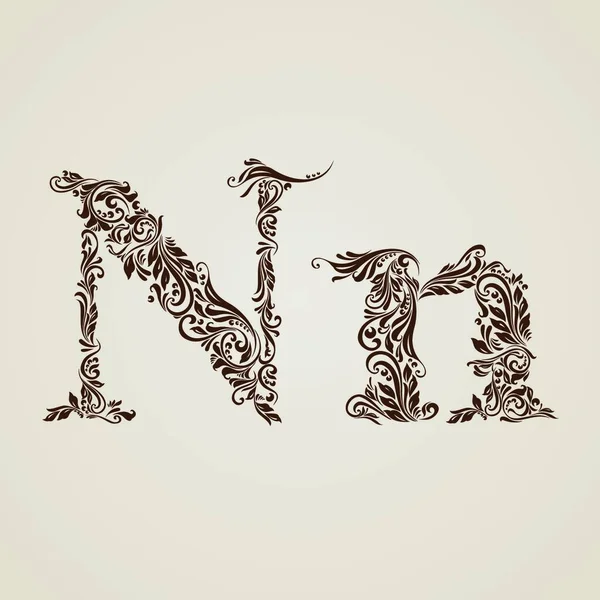 大文字と小文字で手書きで装飾された文字N — ストックベクタ