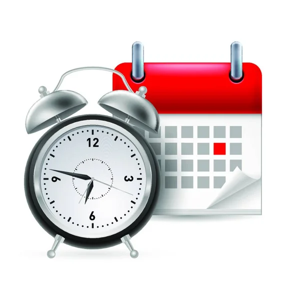 週の赤い文字の日がマークされたページカレンダー 時計に近い — ストックベクタ