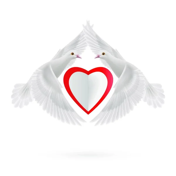 White Heart Two White Flying Doves — Stock Vector