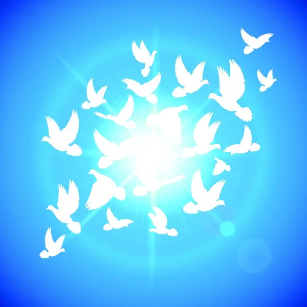 Viele Weiße Tauben Fliegen Blauen Himmel — Stockvektor