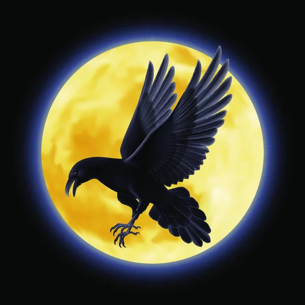 Cuervo Negro Volando Fondo Una Luna Llena — Vector de stock