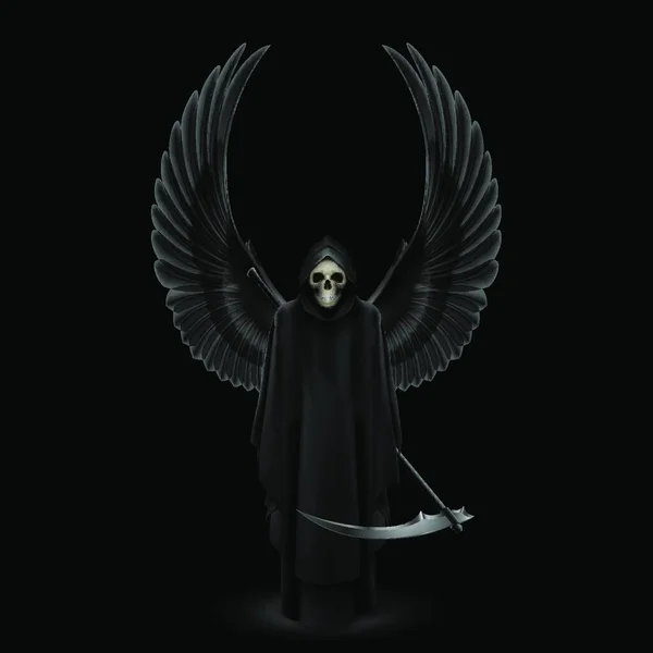 Grim Reaper Met Twee Vleugels Omhoog Zwarte Achtergrond — Stockvector