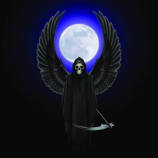 Grim Reaper Two Wings Full Moon Background — Stock Vector