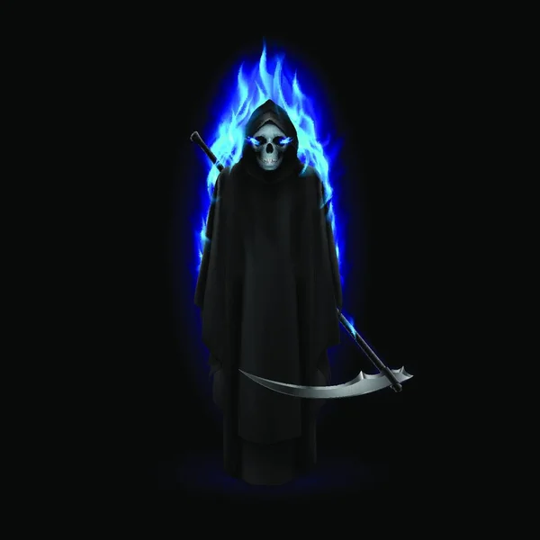Grim Reaper Chama Azul Sobre Bacalhau Preto —  Vetores de Stock