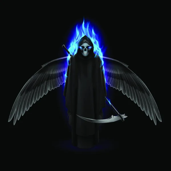 Grim Reaper Avec Ailes Flamme Bleue — Image vectorielle