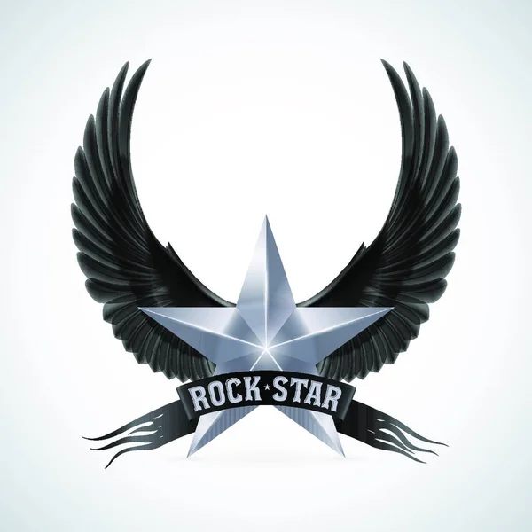 Estrela Prata Com Banner Rock Star Asas Pretas Ilustração Sobre — Vetor de Stock