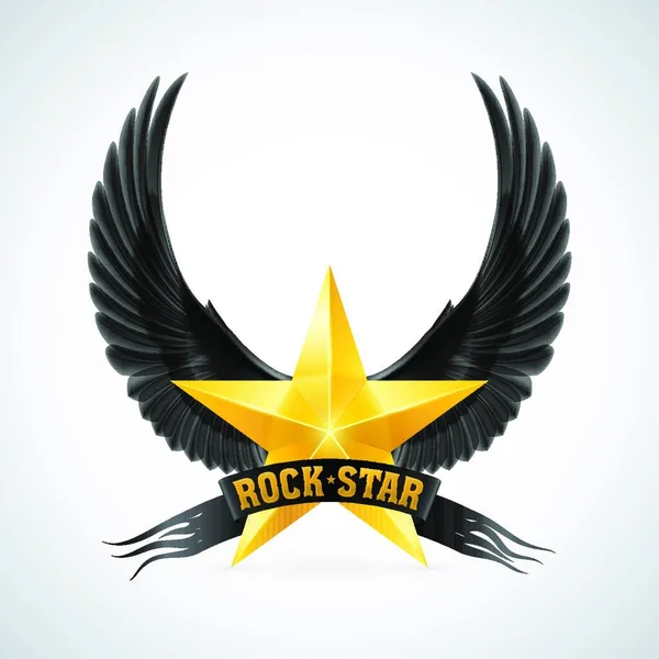 Estrela Dourada Com Banner Rock Star Asas Pretas Ilustração Sobre —  Vetores de Stock