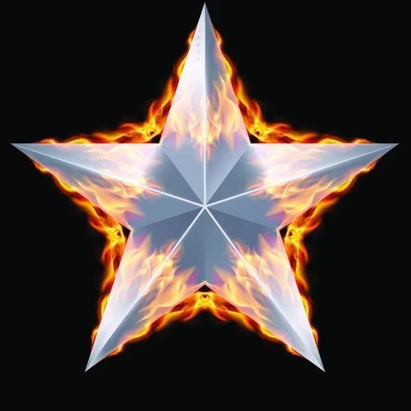 Silberner Fünfzackiger Stern Umgeben Von Feuer Auf Schwarzem Hintergrund — Stockvektor