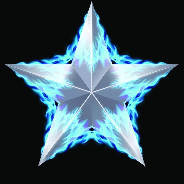 Срібна Ятикутна Зірка Оточена Синім Вогнем Чорному Тлі — стоковий вектор