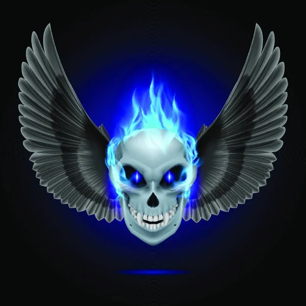 Mutant Lebka Modrým Plamenem Černými Křídly — Stockový vektor