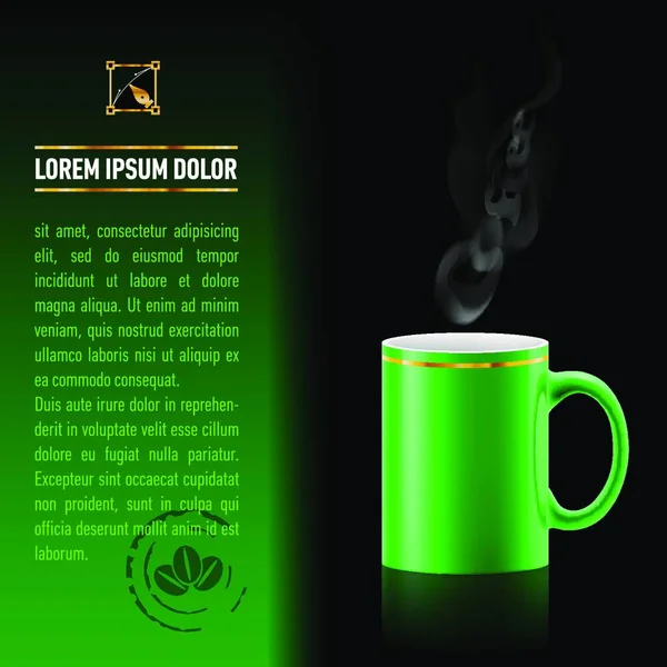 Grüne Tasse Kaffee Bleibt Auf Schwarzem Hintergrund Nächstes Blatt Papier — Stockvektor