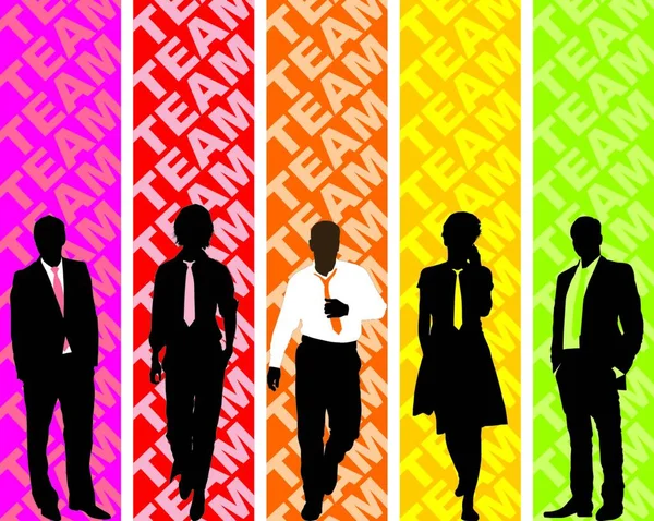 Group Young Business People Standing Colored Front Panels Team — Stock Vector