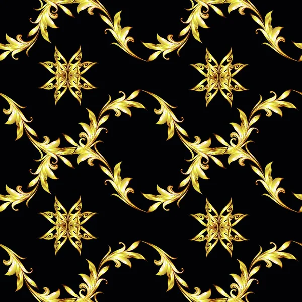 Απρόσκοπτη Μοτίβο Χρυσά Floral Στοιχεία Μαύρο Φόντο — Διανυσματικό Αρχείο
