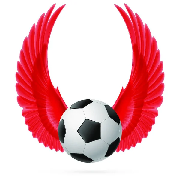 Ρεαλιστικό Έμβλημα Μπάλα Ποδοσφαίρου Υψωμένα Κόκκινα Φτερά — Διανυσματικό Αρχείο