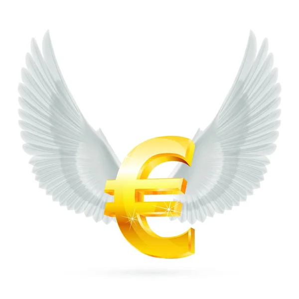 Λαμπερό Χρυσό Σύμβολο Ευρώ Λευκά Φτερά — Διανυσματικό Αρχείο