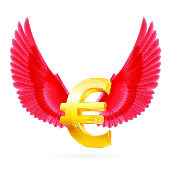 Λαμπερό Χρυσό Σύμβολο Ευρώ Κόκκινα Φτερά — Διανυσματικό Αρχείο