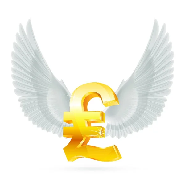 Golden Great Britain Pound Symbol White Wings — Stock Vector