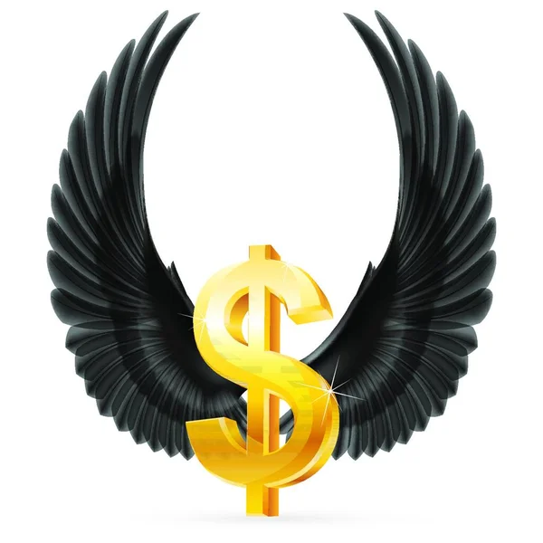 Golden Simbolo Del Dollaro Degli Stati Uniti Con Ali Nere — Vettoriale Stock