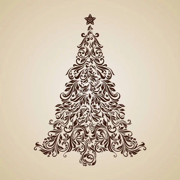 Eleganter Weihnachtsbaum Mit Kunstvollem Blumenmuster Brauner Farbe — Stockvektor