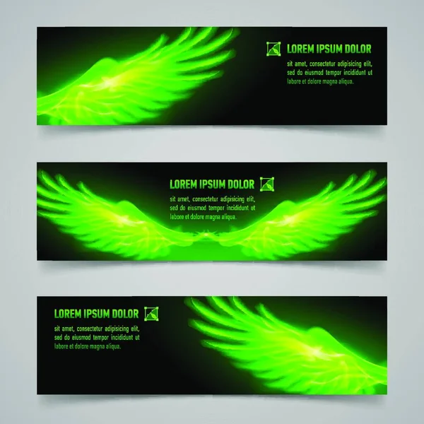 Set Mystic Banners Green Flaming Wings — Stock Vector