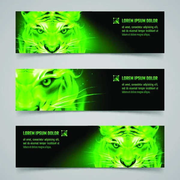 Набор Баннеров Мистическим Тигром Зеленом Пламени — стоковый вектор