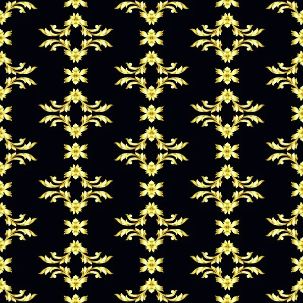 Безшовний Вертикальний Золотий Квітковий Візерунок Чорному Тлі — стоковий вектор