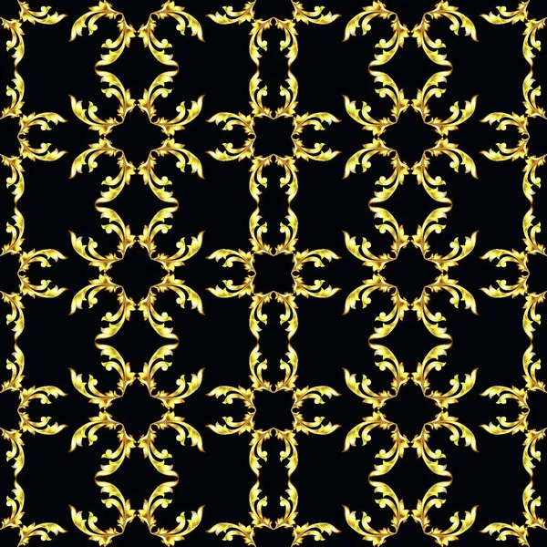 Квадратний Безшовний Золотий Квітковий Візерунок Чорному Тлі — стоковий вектор