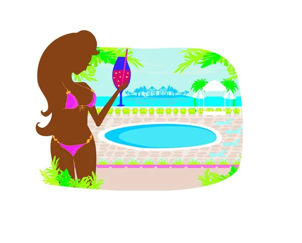 Meisje Met Een Drankje Tropisch Zwembad — Stockvector