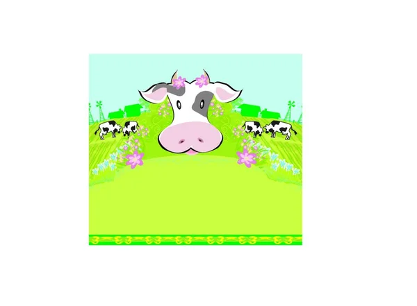 Cows Graze Meadow Abstract Funny Illustration — Stock Vector