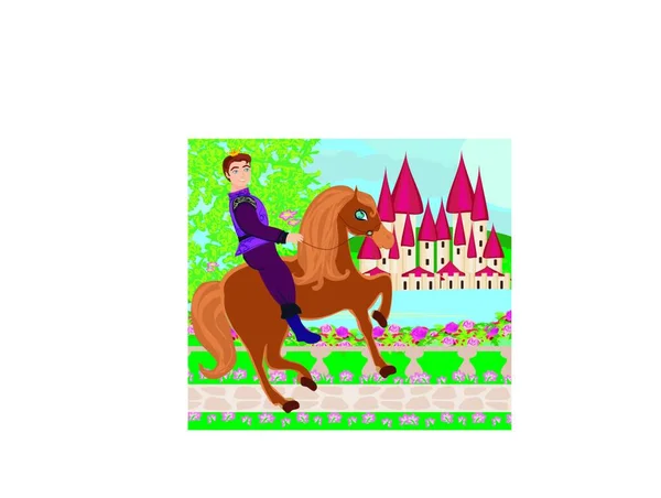 Príncipe Montando Cavalo Para Castelo — Vetor de Stock