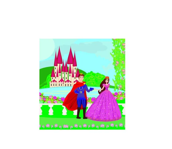 公主和王子在一个美丽的花园里 — 图库矢量图片
