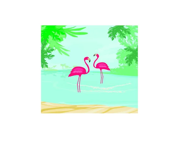 Ilustrace Zelenými Palmami Růžovým Plameňákem — Stockový vektor