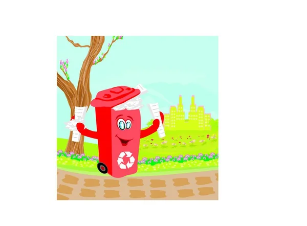 Bidone Riciclaggio Rosso Con Carta Illustrazione Del Carattere — Vettoriale Stock